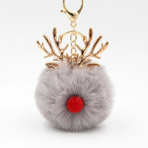 Christmas reindeer keychain with grey faux fur pom pom and golden antlers on white background