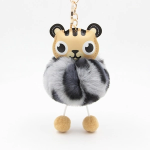 Detail of cute PU tiger keychain with grey leopard pattern plush ball and golden ring