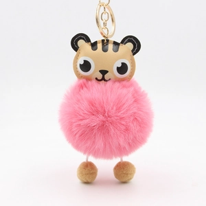 Cute PU tiger head plush ball keychain with pink faux fur pompom and gold lobster clasp