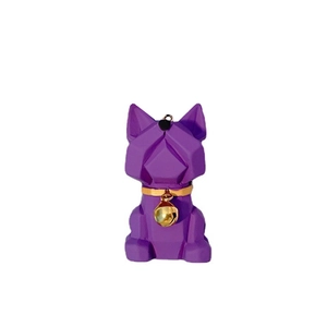 Detail of purple geometric French Bulldog keychain with gold bell and matte finish