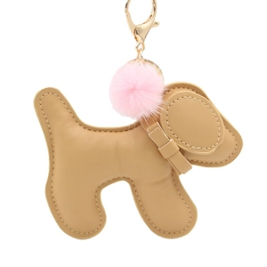 Cute Dog Shaped PU Leather Keychain Creative Puppy Bag Charm With Faux Fur Ball Gold Lobster Clasp Pendant For Women Men