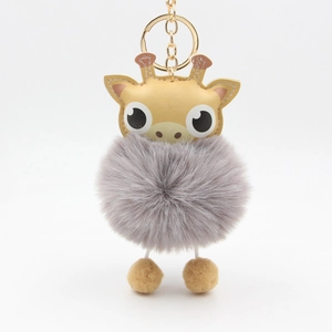 Cute cartoon giraffe plush pom pom keychain with grey faux fur and gold metal ring