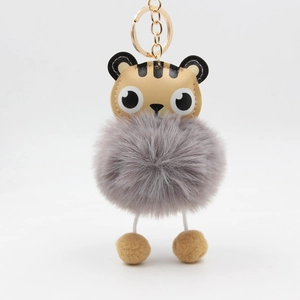 Cute PU tiger pom-pom keychain with fluffy grey faux fur and gold metal hook