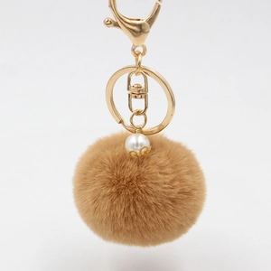 Faux Fur Ball Keychain With Faux Artificial Pearl Gold Alloy Lobster Clasp Fluffy Pom Pom Bag Charm Car Key Ring For Women Girls