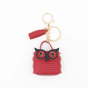 Mini red PU leather owl coin purse with gold keychain and stylish red tassel charm