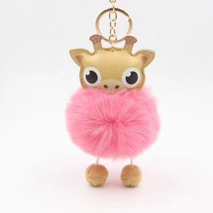 Cute cartoon giraffe pom pom keychain with pink fur ball and golden metal ring for bags