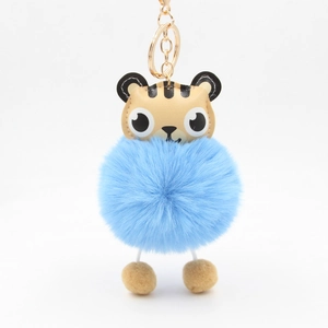 Cute PU tiger faux fur pompom keychain in light blue with golden metal lobster clasp