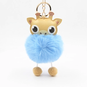 Cartoon giraffe faux fur pom pom keychain with blue plush ball and gold metal hardware