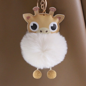 Cute Cartoon Giraffe Faux Fur Pom Pom Keychain Plush Animal Bag Pendant Gold Metal Key Ring Deer Christmas Ornament For Women Girl