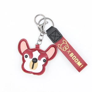Cartoon French Bulldog PU Leather Keychain Cute Dog Head Pendant With Hand Strap Car Bag Hanging Charm For Women Men