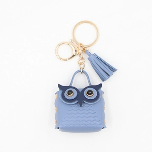 Light blue PU leather owl keychain coin purse with gold tassel and metal lobster clasp