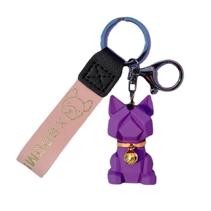 Geometric French Bulldog Resin Keychain With Golden Bell PU Leather Strap Cute Dog Animal Bag Pendant Car Key Ring Gift