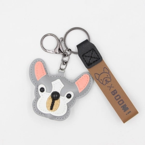 Cute French Bulldog PU leather keychain with dog head pendant and brown wrist strap