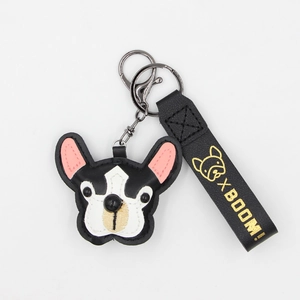 Cute French Bulldog leather keychain charm with X BOOM black wrist strap and metal hook
