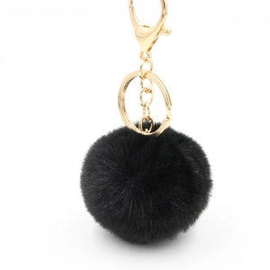 Porte-clés pompon en fausse fourrure noire de 6cm avec fermoir en métal doré pour sacs