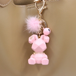 Porte-clés en Résine Lapin Ours Géométrique Avec Boule de Fourrure Synthétique Cloche Pendentif de Sac pour Femme Cadeau