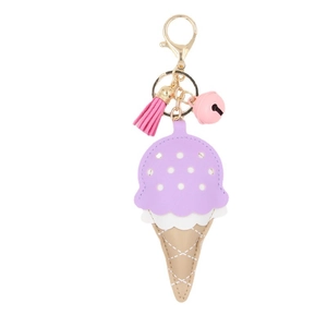 Porte-clés crème glacée en similicuir avec pompon rose et clochette dorée pour sac à main