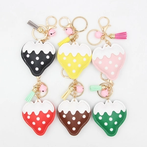 Porte-clés Mignon en Cuir PU Fraise Avec Gland Coloré et Petite Cloche Pendentif de Sac Femme Forme de Fruit à Pois Accessoire