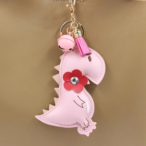 Cartoon Dinosaur PU Leather Keychain Pendant With Tassel Bell Cute Animal Bag Charm Car Accessory For Unisex Gift