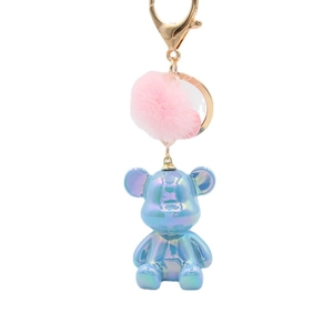 Porte-clés lapin en résine bleue galvanisée avec pompon rose et anneau doré