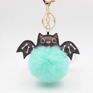 Halloween bat plush pompom keychain with mint green fur ball and golden metal ring