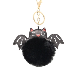 Halloween black bat pompom keychain with faux leather wings and gold metal clasp