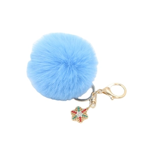 Sky blue plush faux fur keychain with golden snowflake pendant and festive rhinestones