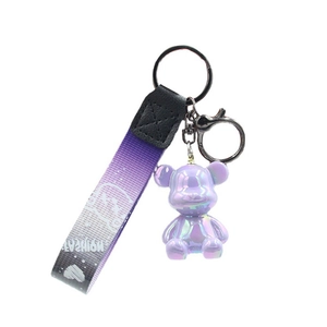 Cartoon plated resin bear keychain with purple gradient strap and metal lobster clasp