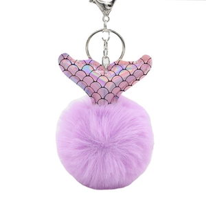 Porte-clés Boule en Fausse Fourrure Queue de Sirène Pendentif de Sac en Peluche Cuir PU Laser Holographique pour Femmes Filles Cadeau