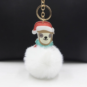 Detail von Weihnachts-Faultier-Plüsch-Schlüsselanhänger mit weißem Bommel und Goldring