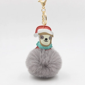 Weihnachts-Faultier Schlüsselanhänger mit grauem Kunstfell-Bommel und Goldkarabiner