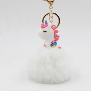 Détail du pendentif licorne blanche avec une grande boule de peluche et un fermoir doré