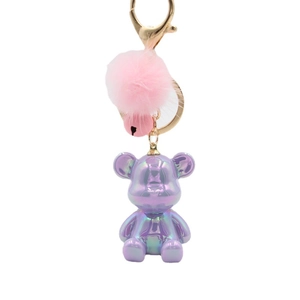 Iridescent Resin Bear Rabbit Keychain With Faux Fur Ball Heart Bell Pendant Cute Women Bag Accessory Trendy Gift