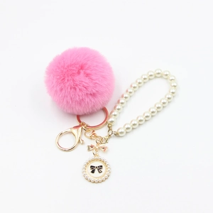 Bow Plush Fur Ball Keychain With Imitation Artificial Pearl Strap Gold Alloy Lobster Clasp Bag Charm For Women Car Key Hanging Ornament Gift