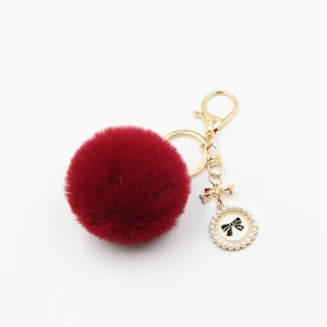 Faux Fur Pompom Keychain With Metal Bow Artificial Pearl Inlaid Pendant Bag Charm For Women Purse Accessories Soft Plush Keyring