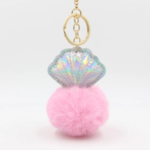 Creative holographic shell keychain with pink fluffy faux fur pompom and golden ring