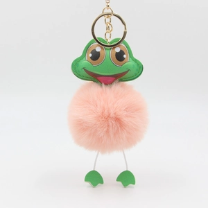 Portachiavi creativo a forma di rana con pompon rosa e testa in ecopelle verde moda