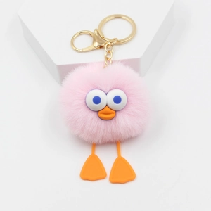 Porte-clés canard en peluche rose avec pompon doux et fermoir doré pour sacs et clés