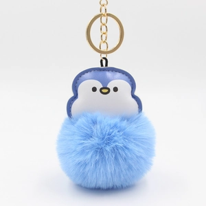 Porte-clés Créatif Manchot Dessin Animé Pompon en Polyester Alliage de Zinc Pendentif de Sac Accessoire Suspendu pour Voiture