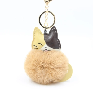 Porte-clés chat en peluche avec pompon marron doux et pendentif de sac brodé mignon