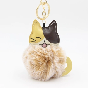Porte-clés Pompon en Fausse Fourrure de Chat de Dessin Animé Pendentif de Sac en Cuir PU pour Femmes Filles Accessoire Quotidien