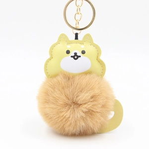 Cute Shiba Inu Plush Pom Pom Keychain For Women PU Leather Dog Head Bag Pendant Faux Fur Car Key Ring Accessories Gift