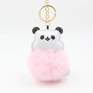 Cute panda head plush pom-pom keychain with pink faux fur and gold metal ring