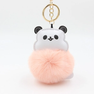 Cartoon panda plush ball keychain with pink pompom and gold-plated metal hardware