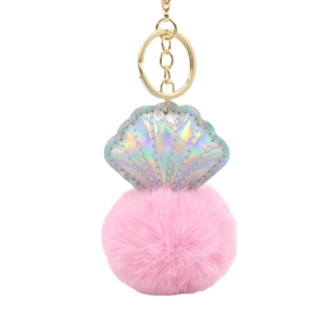 Creative Holographic Shell Pom-pom Keychain For Women Faux Fur Ball Bag Pendant Charm Gold Metal Ring Shell Decor Accessory