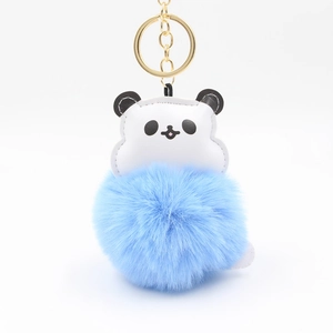Cute panda head keychain with sky blue plush pom pom and golden metal link chain