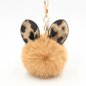Creative Easter Rabbit Cat Plush Pom Pom Keychain Leopard Print Animal Ears Faux Fur Bag Pendant Car Key Ring Ornament