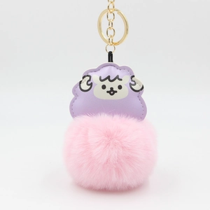 Cartoon Schaf Plüsch Schlüsselanhänger mit pinkem Bommel und lila Anhänger für Taschen