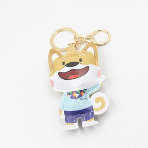 Cute Shiba Inu leather keychain with colorful clothes and a golden lobster clasp