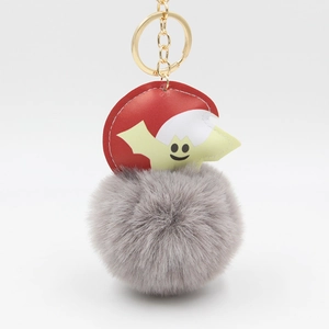 Halloween moon bat plush pompom keychain with grey faux fur and golden metal ring